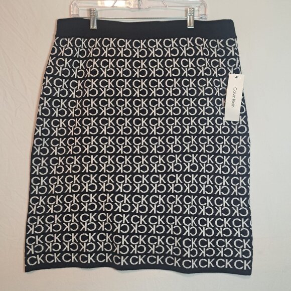 Calvin Klein Women's All Over Logo Black & White Knit Skirt K4VR8771‎ NWT Size L - Picture 1 of 6